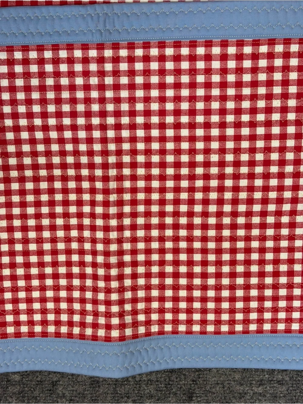 Red Gingham Table Runners with Light Blue Trim and Butterfly Embroidery